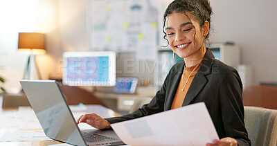 Happy businesswoman in office, typing on laptop and planning online research for creative project at digital agency. Internet, website and networking, woman with smile and computer for email review.