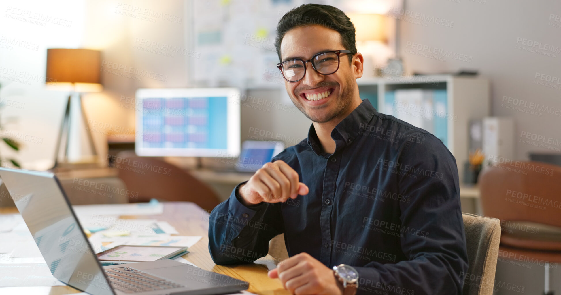 Buy stock photo Portrait of happy man in office, typing on laptop and planning online research for creative project at digital agency. Internet, website and networking, businessman with smile and computer for email.