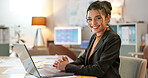 Portrait of businesswoman in office with smile, laptop and planning online research for creative project at digital agency. Internet, website and networking, happy woman and computer for email review