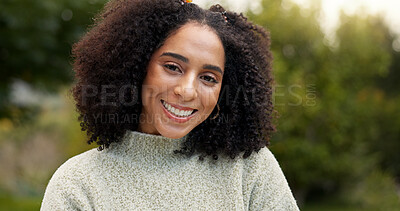 Face, smile and woman outdoor in nature on vacation, holiday or trip. Portrait, happy and female person from South Africa with positive mindset, joy or confidence for freedom to relax in summer alone