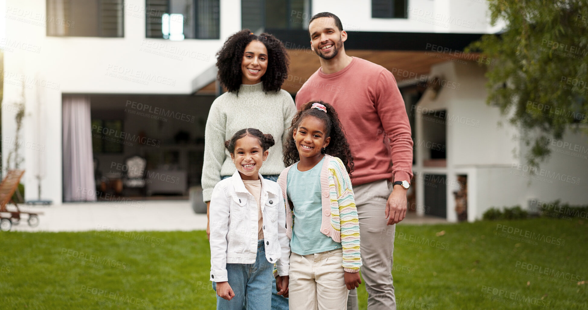 Buy stock photo Mother, father and happy family portrait outdoor with a smile, love and care in a backyard. Young latino woman and man or parents and kids together in home garden for quality time, peace and fun