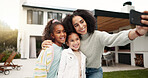 Family, selfie and children outdoor with a smile, love and care in home backyard. Face of young latino woman, woman or parent for a picture with happy kids for social media post or profile picture