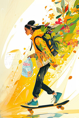 Buy stock photo Portrait, digital art or illustration of a young woman for artist inspiration, creativity and background. Detailed, vibrant or graphic drawing of a female for education, skateboard and poster design