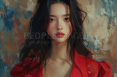 Buy stock photo Portrait, digital art and illustration of a young woman for artist inspiration, creativity and background. Detailed, vibrant and graphic drawing of a female for education, lesson and poster design