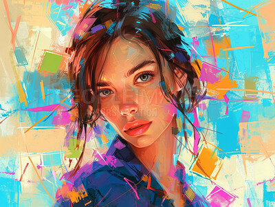 Buy stock photo Portrait, paint and canvas art of a young woman for artist inspiration, creativity and background. Detailed, acrylic  illustration and traditional drawing of a female for education, lesson and hobby