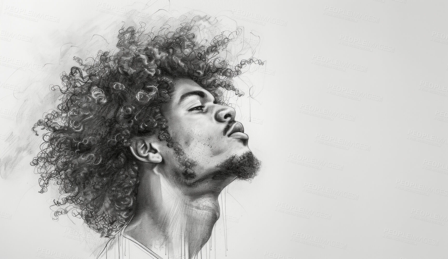 Buy stock photo Portrait, sketch and drawing of a black man for artist inspiration, creativity and background. Detailed, pencil illustration and drawing of a male on white canvas for education, lesson and hobby