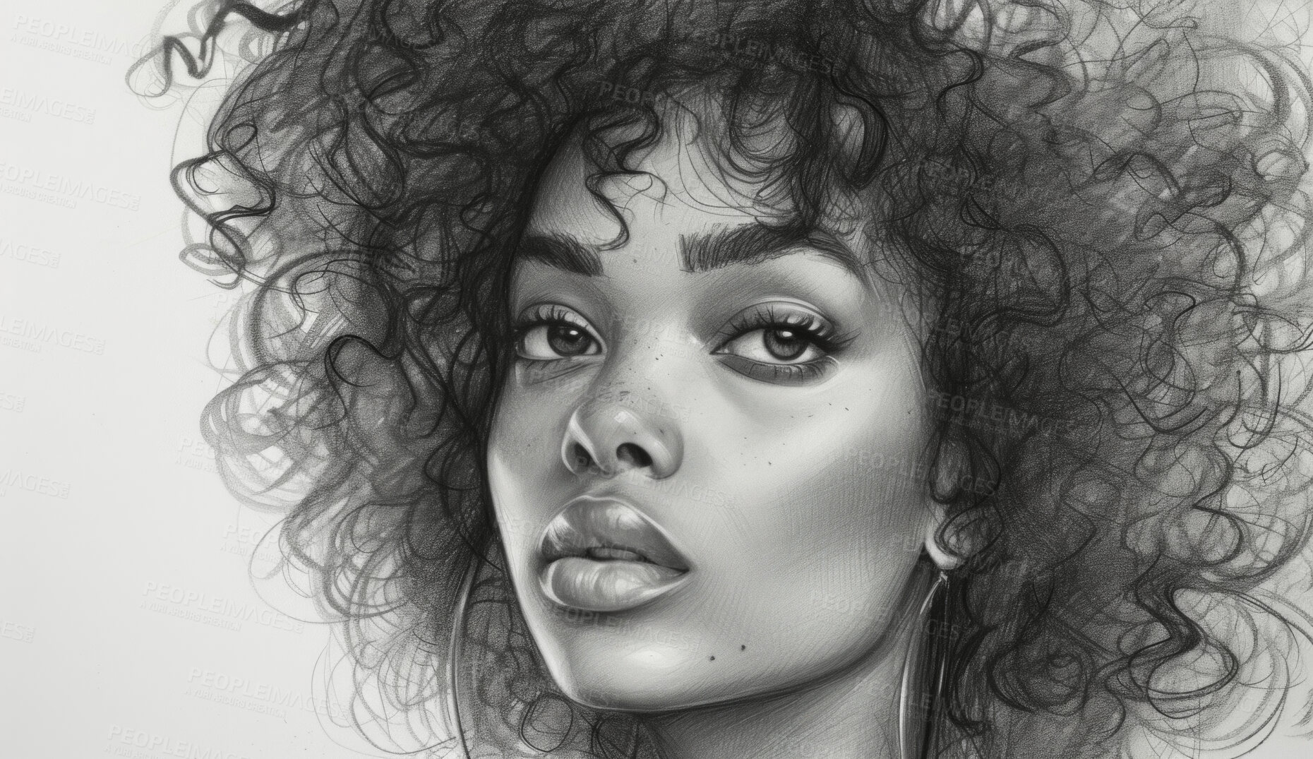 Buy stock photo Portrait, sketch and drawing of a black woman for artist inspiration, creativity and background. Detailed, pencil  illustration and drawing of a female on white paper for education, lesson and hobby