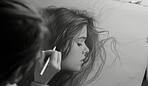 Portrait, sketch and drawing of a young woman for artist inspiration, creativity and background. Detailed, pencil  illustration and drawing of a female on white paper for education, lesson and hobby