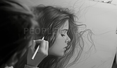 Buy stock photo Portrait, sketch and drawing of a young woman for artist inspiration, creativity and background. Detailed, pencil  illustration and drawing of a female on white paper for education, lesson and hobby