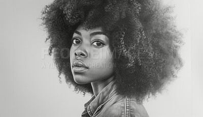 Buy stock photo Portrait, sketch and drawing of a black woman for artist inspiration, creativity and background. Detailed, pencil  illustration and drawing of a female on white paper for education, lesson and hobby