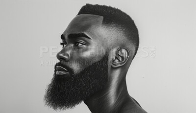 Buy stock photo Portrait, sketch and drawing of a black man for artist inspiration, creativity and background. Detailed, pencil illustration and drawing of a male on white canvas for education, lesson and hobby