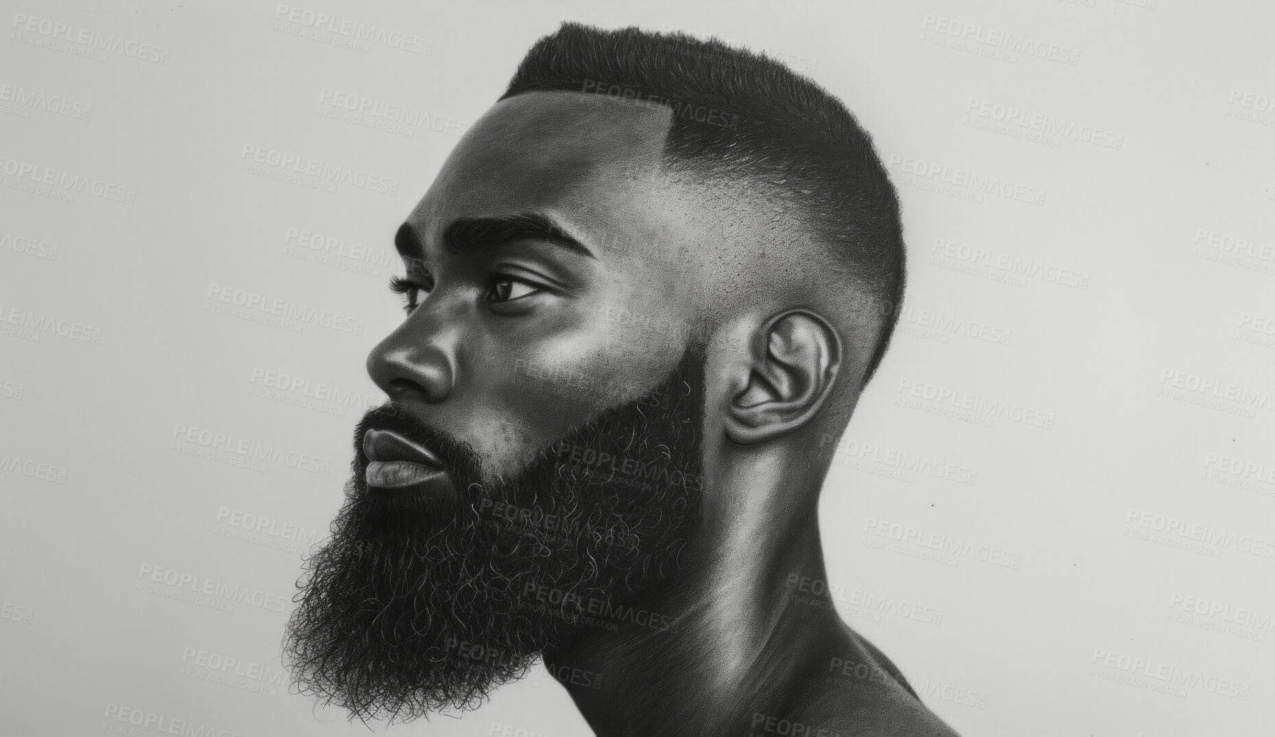 Buy stock photo Portrait, sketch and drawing of a black man for artist inspiration, creativity and background. Detailed, pencil illustration and drawing of a male on white canvas for education, lesson and hobby