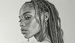 Portrait, sketch and drawing of a young woman for artist inspiration, creativity and background. Detailed, pencil  illustration and drawing of a female on white paper for education, lesson and hobby