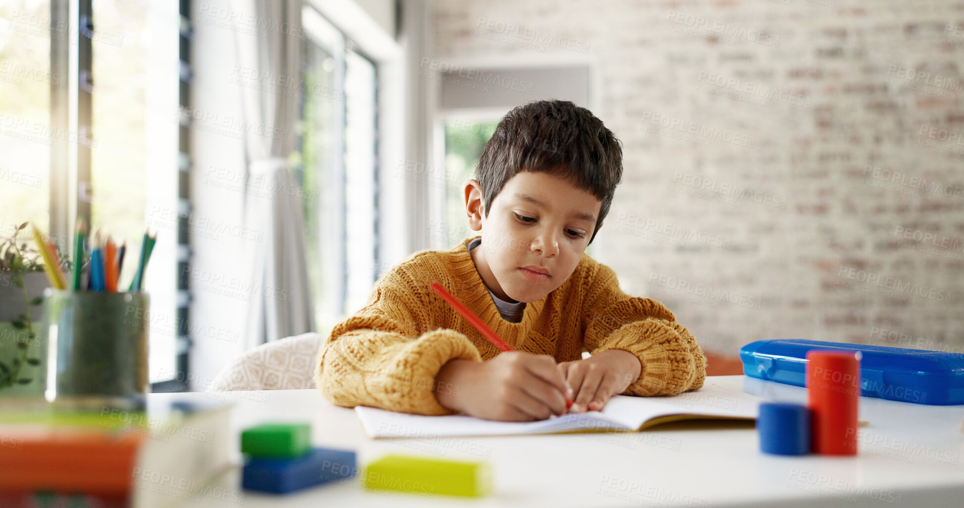 Buy stock photo Home learning, math education or boy in kindergarten studying for knowledge or growth development. Focus, assessment or smart child writing or counting on numbers to study for test in notebook alone