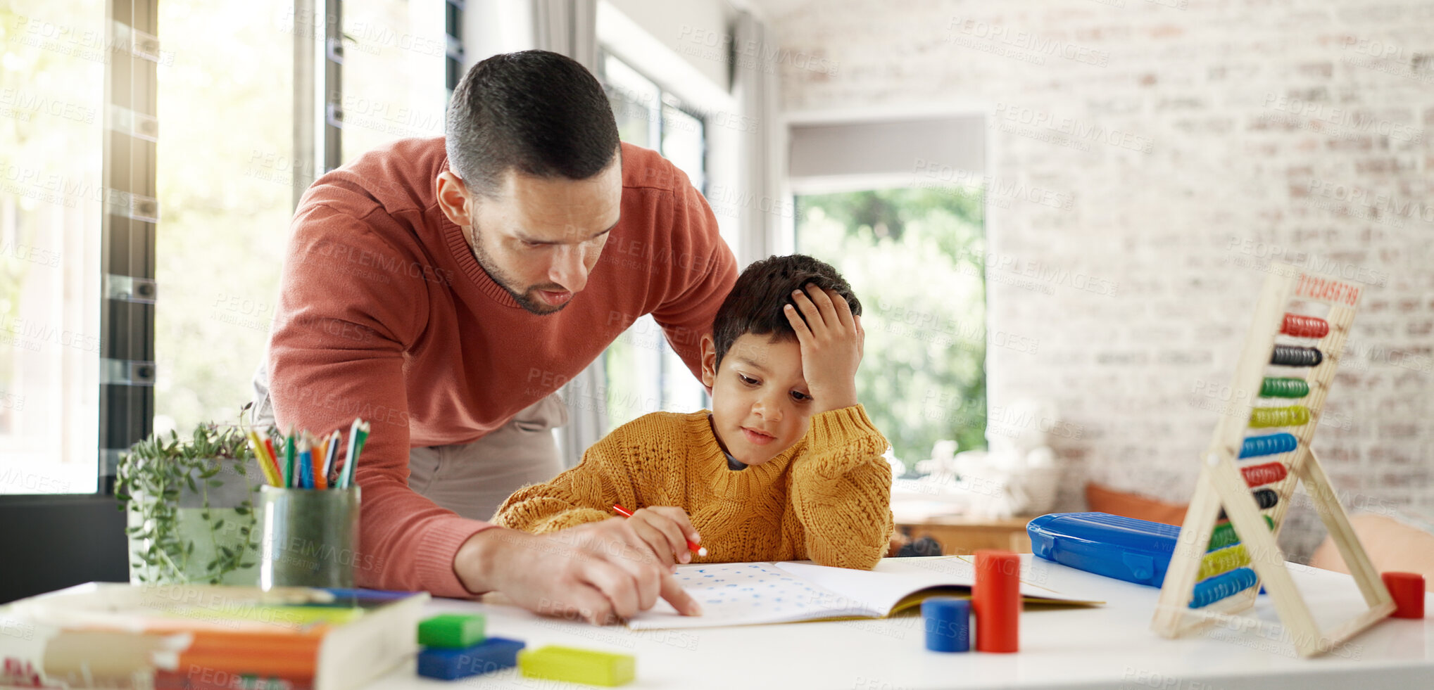 Buy stock photo Home learning, father or kid in kindergarten studying for knowledge, education or growth development. Abacus, dad teaching or child writing, working or counting on numbers for math test in notebook