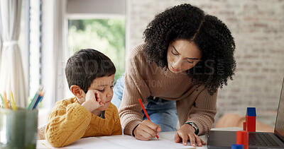Homework, learning and help with mother and son for homeschooling, research and math. Education, study and teaching with woman and kid in family home for child development, writing and knowledge