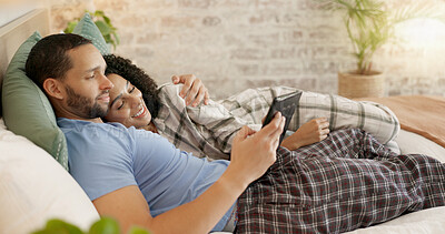Couple, tablet and laughing in bed, morning and bond with funny video, movie or meme for love, care or hug. Man, woman and digital touchscreen for typing, comic social network or online game in house