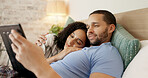 Couple, tablet and scroll in bed, morning and bond with internet video, movie and meme for love, care and hug. Man, woman and digital touchscreen for typing, social network app or web blog in house