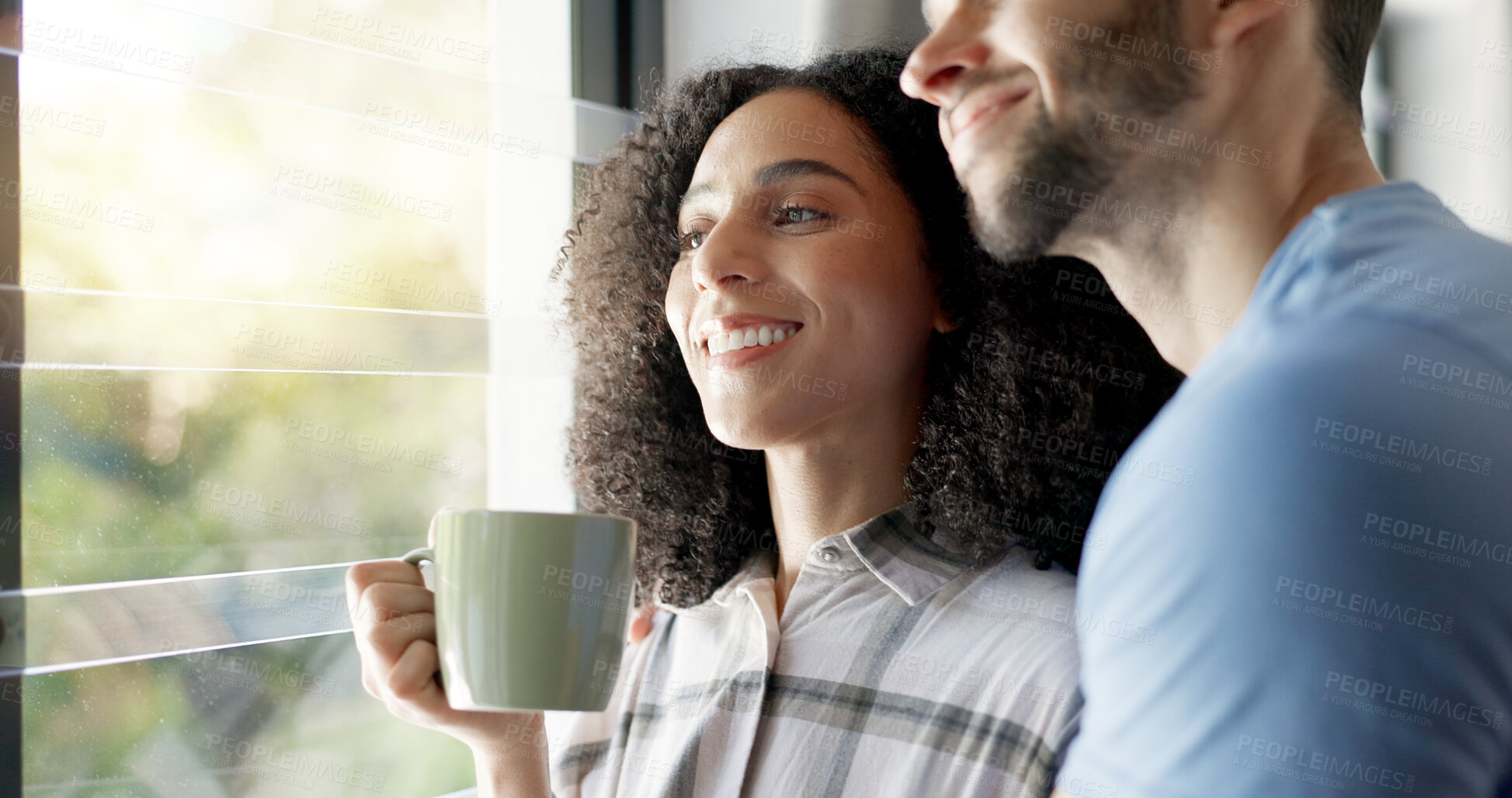 Buy stock photo Love, married people with hug and in their home together for bonding time. Support or commitment, romance or care and happy young couple cuddle for affection or embracing company in their house