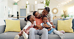 Happy, black family on sofa and in living room of their home happy together for care. Support or love, happiness or positivity and African people cuddle on couch in their house for bonding time