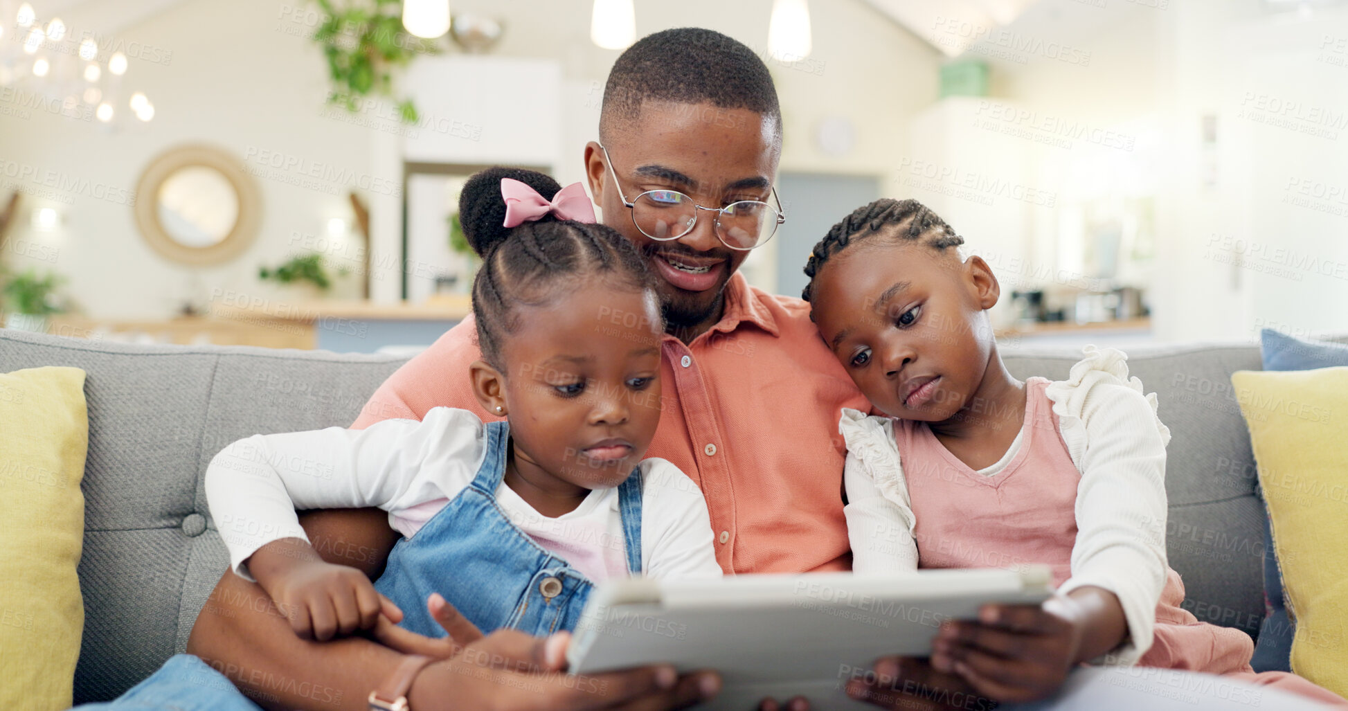 Buy stock photo Family, man with children and with tablet in living room of their home for social media. Technology or internet, connectivity or bonding time and black man with his kids together streaming a movie