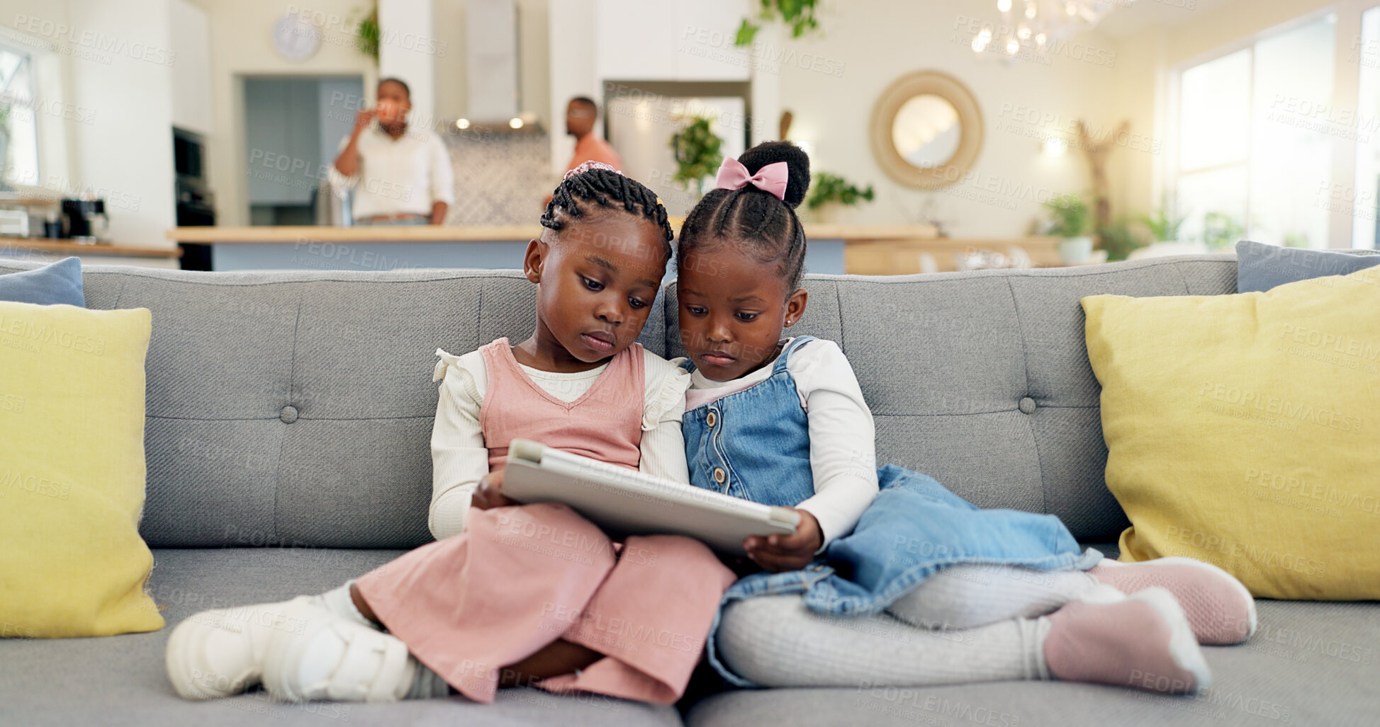 Buy stock photo Black girl children, relax with tablet on sofa and elearning or watching cartoon movie, sisters at home and screen time. Young female kids, streaming online and subscription to education app or film