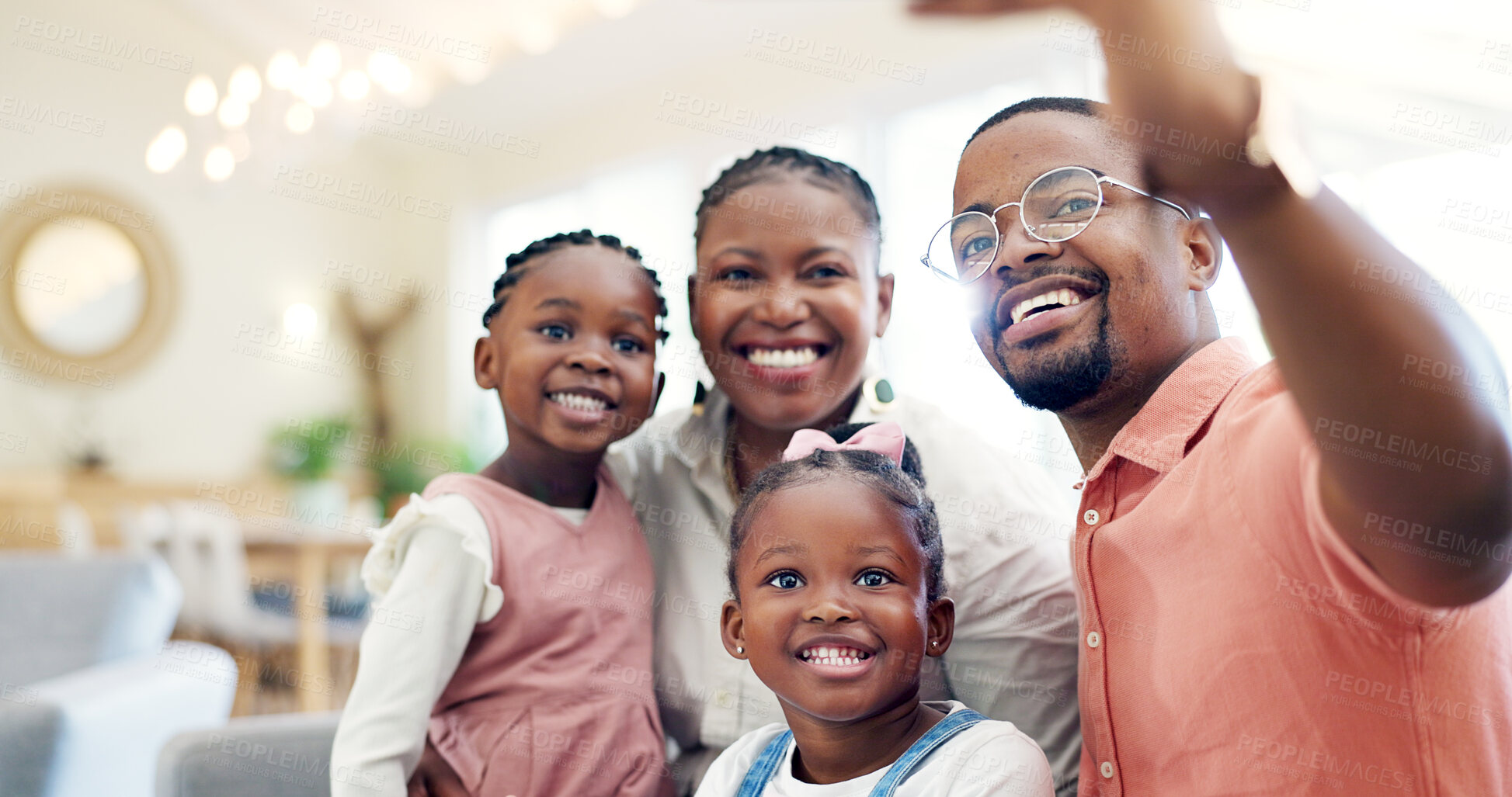 Buy stock photo Black family, selfie and memory with parents and children at home, love and bonding, happy and social media. Live streaming, happiness and portrait, together and people smile in picture for post