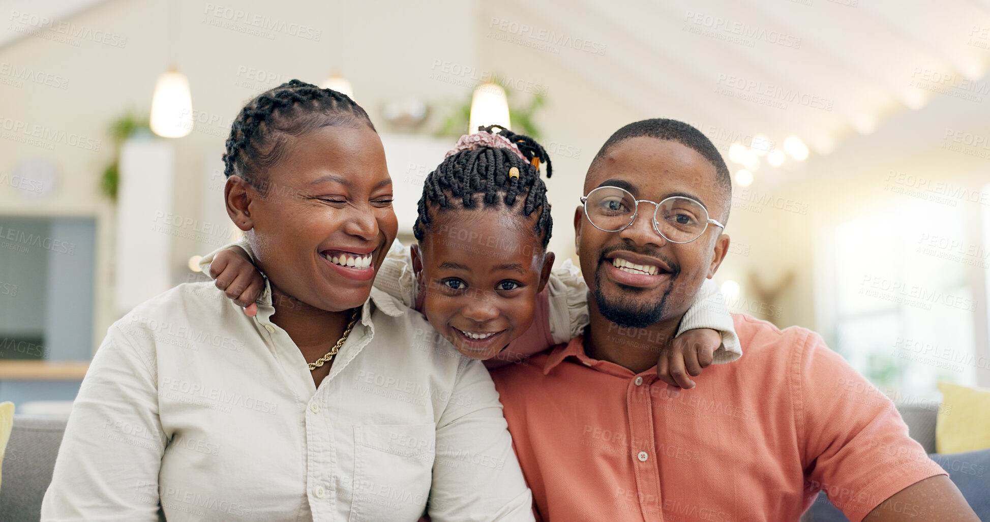 Buy stock photo Black family, face and happy with parents and kid at home, love and bonding with hug and spending time together. Man, woman and girl child, happiness and portrait and people smile in living room