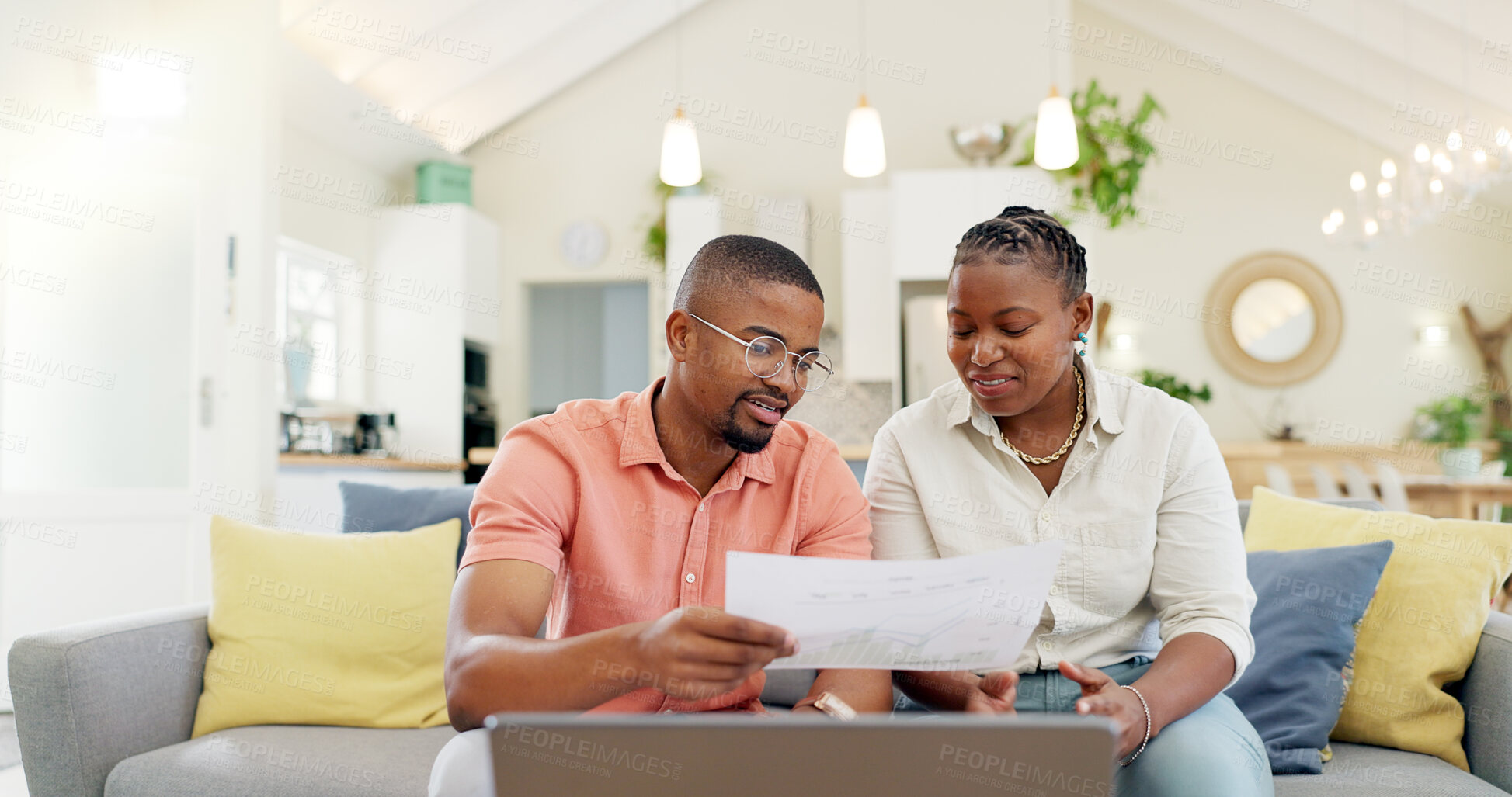 Buy stock photo Finance, budget and couple with laptop on sofa with bills, paperwork and life insurance documents. Financial planning, mortgage and black man and woman on computer for pension, payment or investment