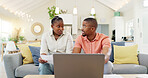 Finance, documents and couple with laptop on sofa with bills, paperwork and insurance budget. Financial planning, mortgage and black man and woman on computer for pension, tax payment or investment