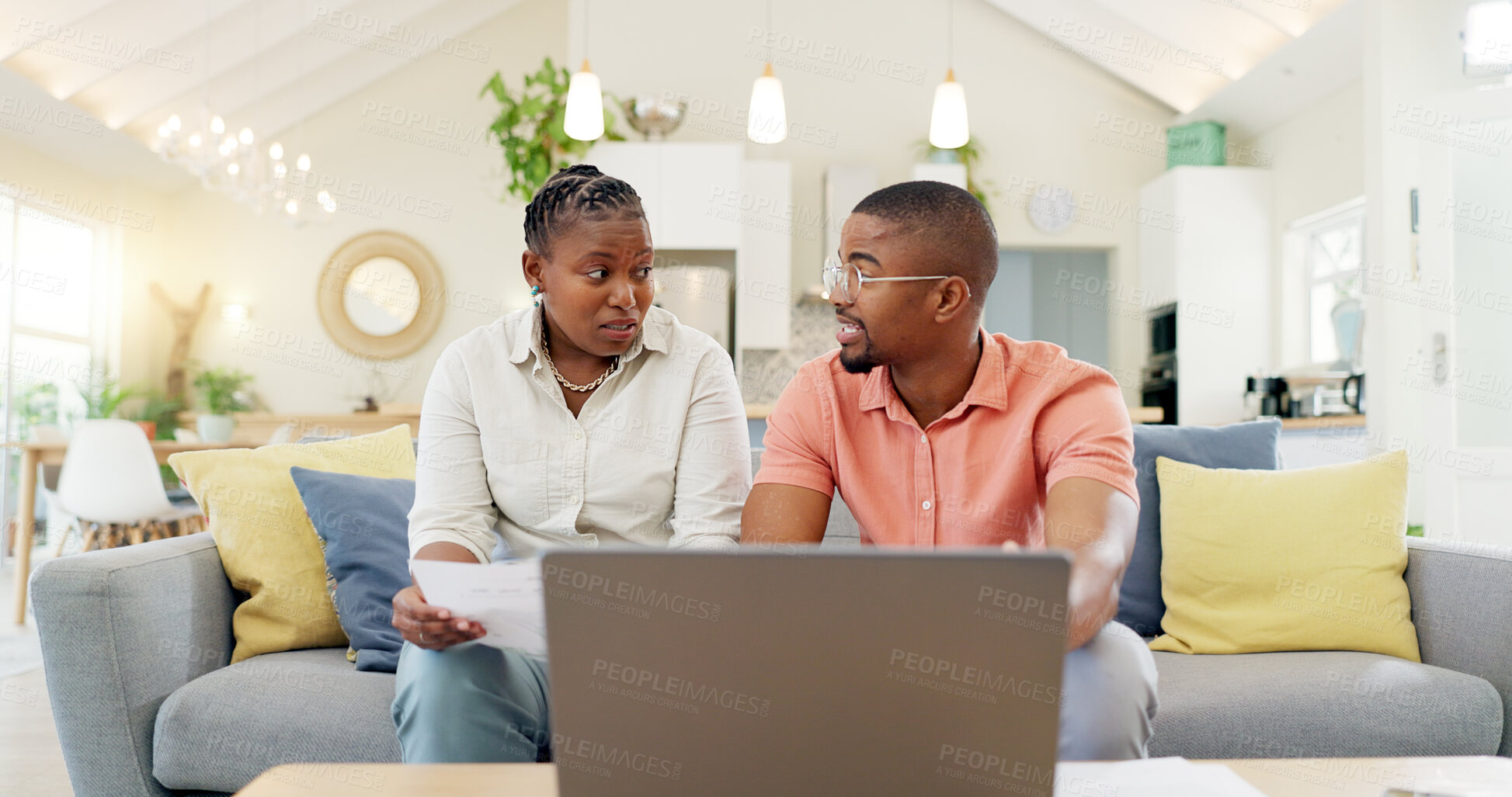 Buy stock photo Finance, documents and couple with laptop on sofa with bills, paperwork and insurance budget. Financial planning, mortgage and black man and woman on computer for pension, tax payment or investment