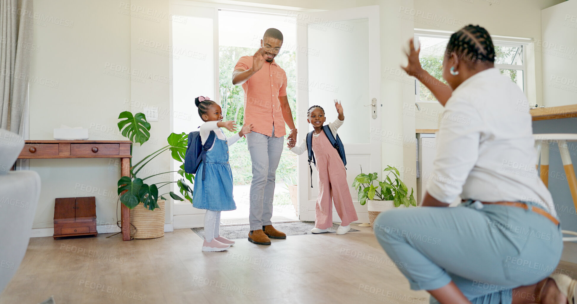 Buy stock photo Black family, mother and wave at kids going to school with love, care or affection. Goodbye, parents and girls leaving house for kindergarten, learning or education in the morning with father in home