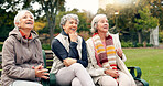 Senior, women and friends pointing in park with view and retirement smile in a garden. Nature, holiday and conversation with elderly female people on vacation feeling happy from bonding and freedom