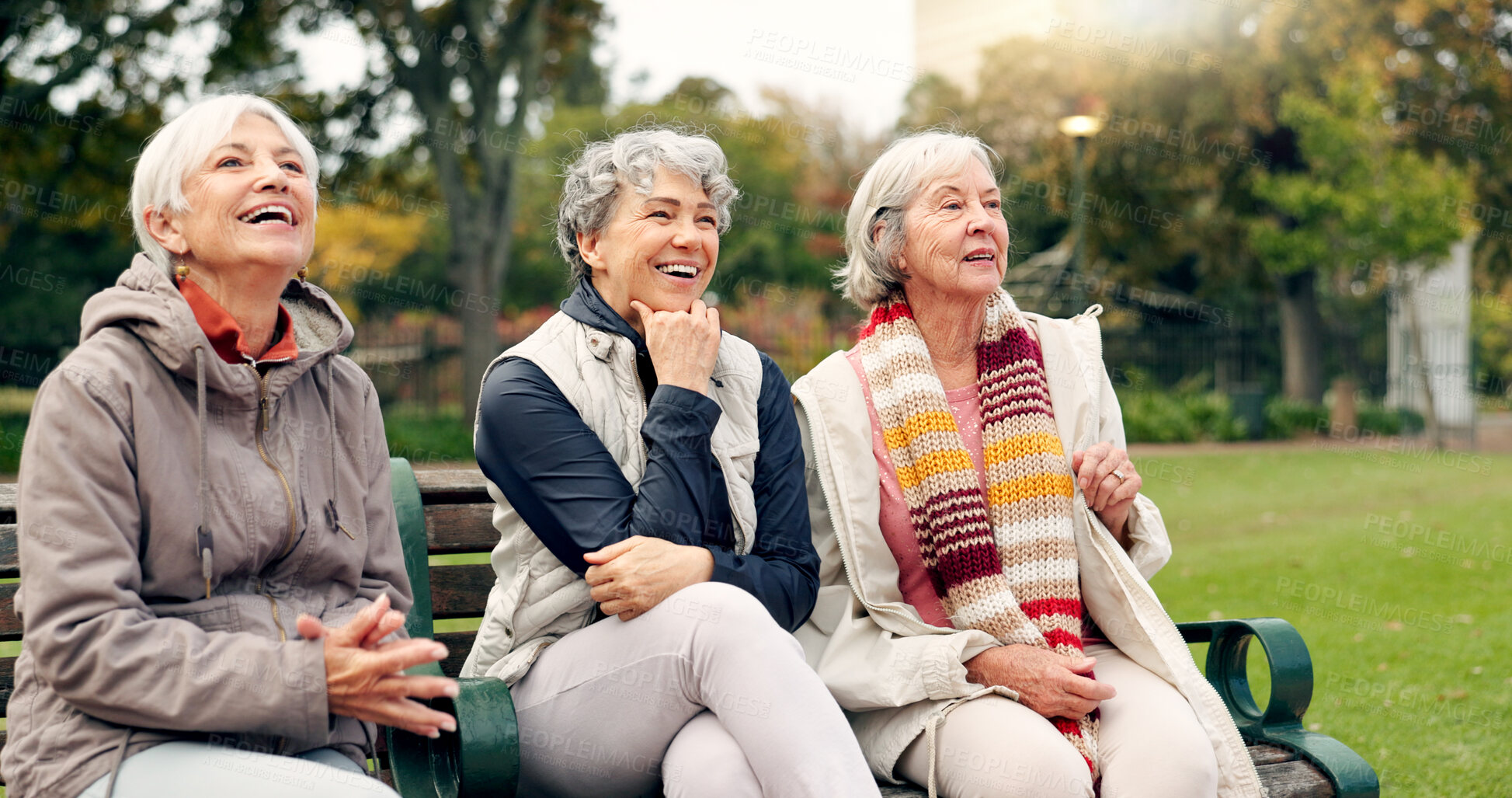 Buy stock photo Senior, women and friends pointing in park with view and retirement smile in a garden. Nature, holiday and conversation with elderly female people on vacation feeling happy from bonding and freedom