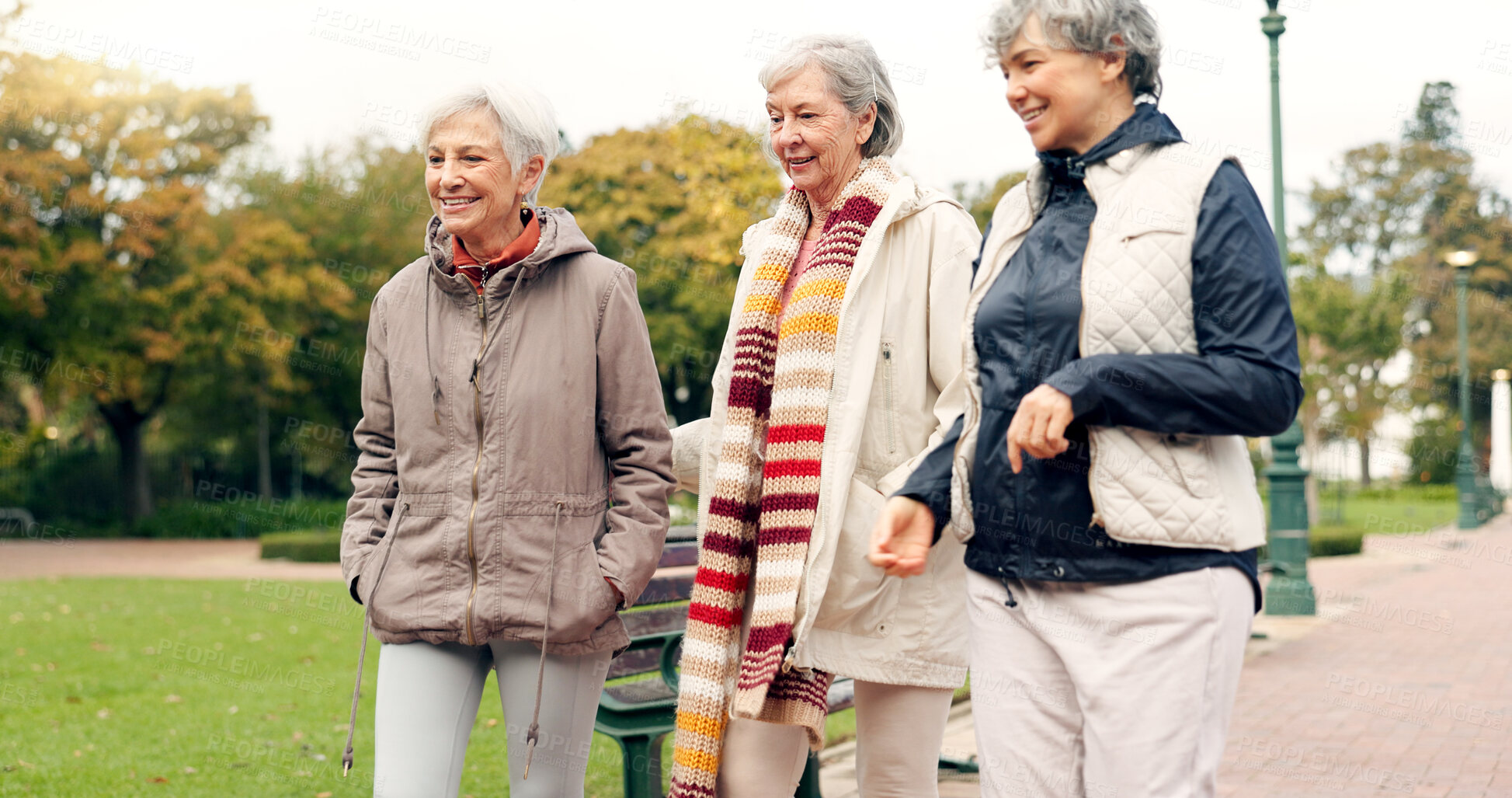 Buy stock photo Senior friends, talking and walking together on an outdoor path to relax in nature with elderly women in retirement. Happy, people pointing and conversation in the park or woods in autumn or winter