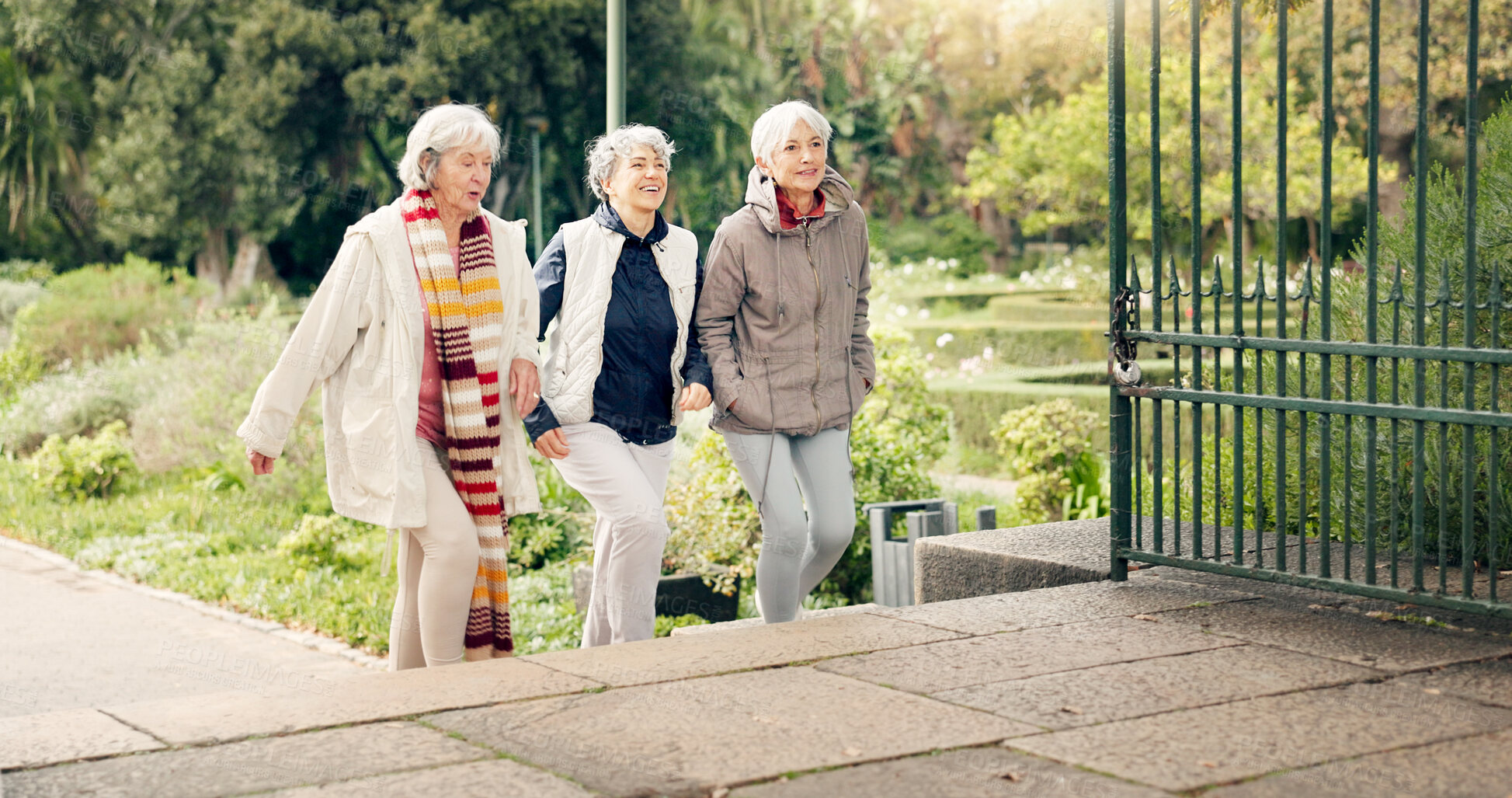 Buy stock photo Senior friends, walking and talking together on an outdoor path to relax in nature with elderly women in retirement. People, happy conversation and healthy exercise in the park in autumn or winter