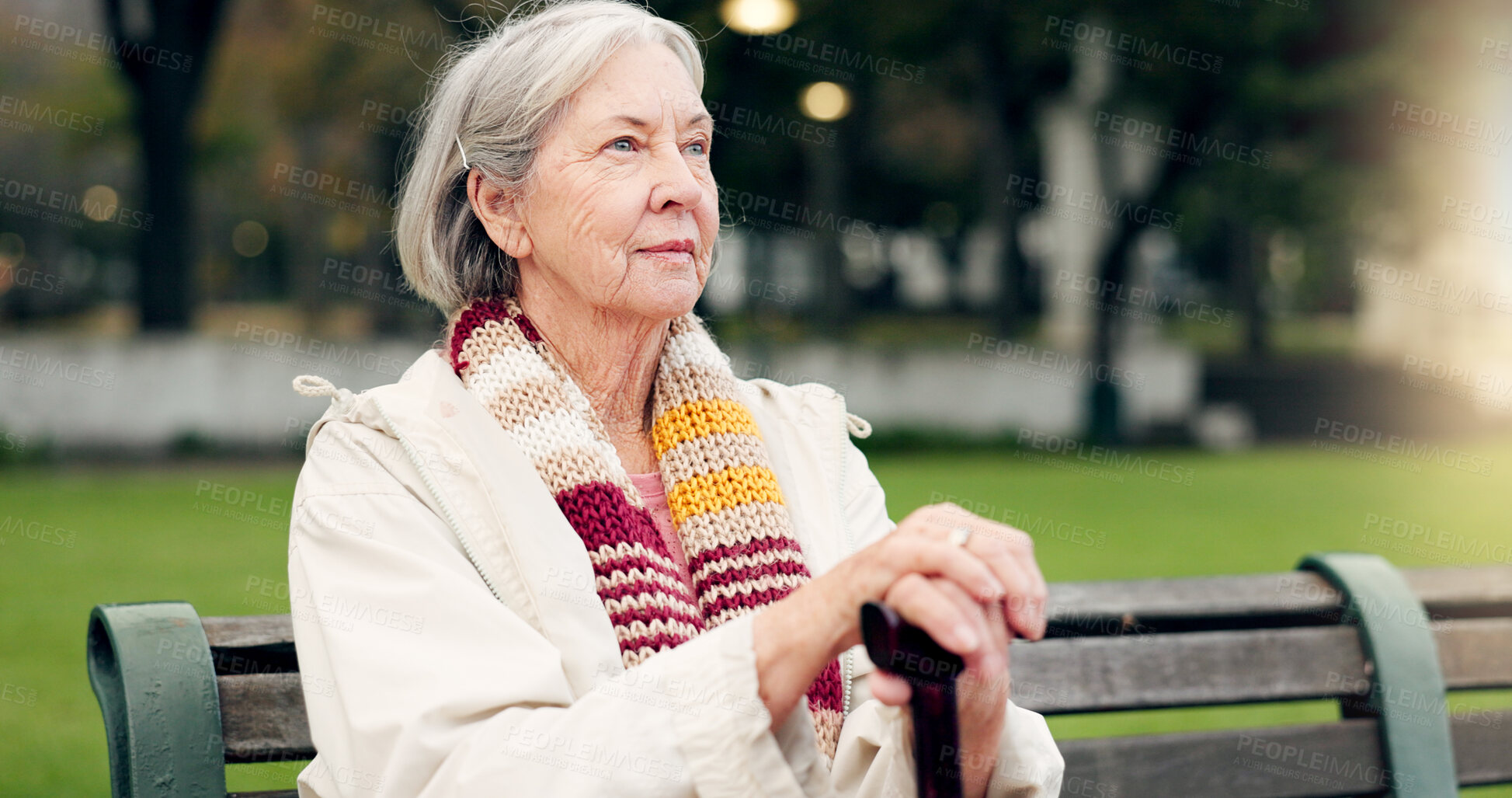 Buy stock photo Relax, thinking and a senior woman at the park for summer, ideas or retirement vision. Smile, remember and an elderly person on a bench in nature with inspiration, memory or outdoor reflection