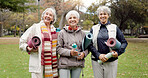 Old women, friends and yoga in the park, fitness and smile in portrait, health and retirement together. Female people in nature, exercise mat and pilates class with pension, community and wellness