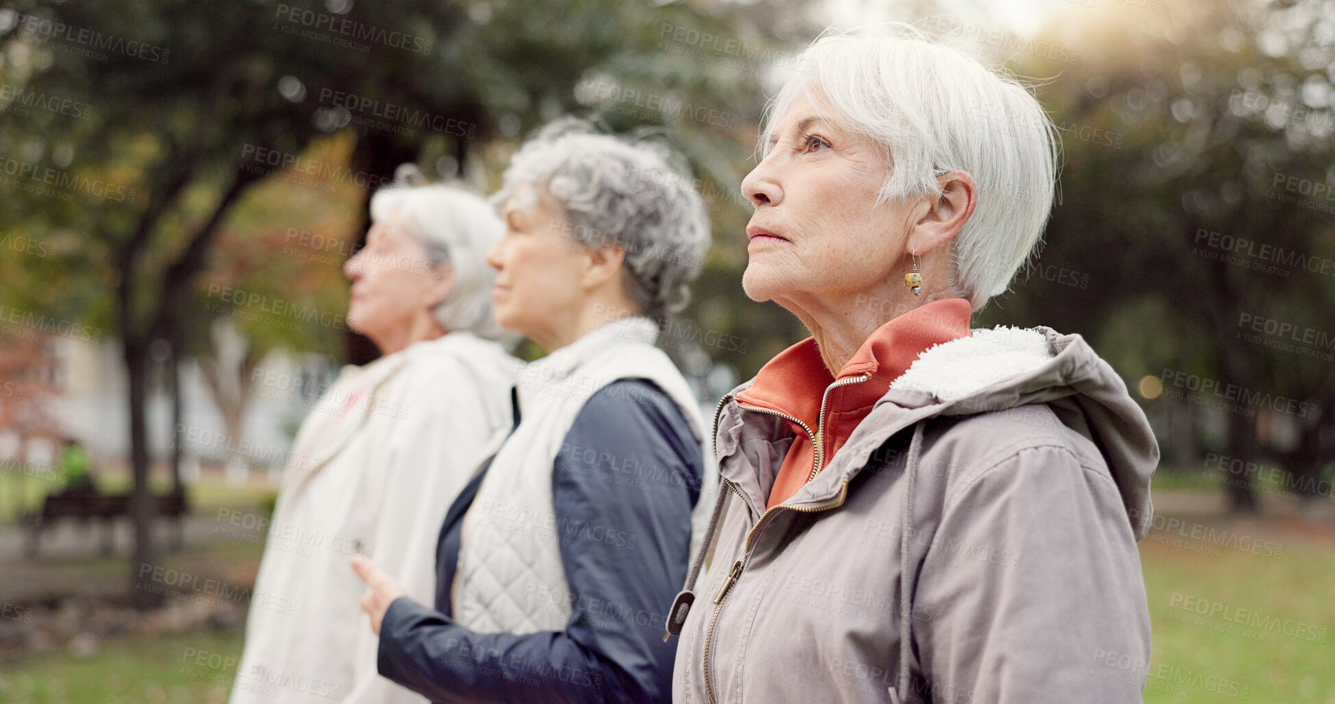 Buy stock photo Breathing, park and elderly women with peace, yoga and fitness for wellness, calm and pilates training. Female people, senior club and group outdoor, meditation and workout with health and fresh air