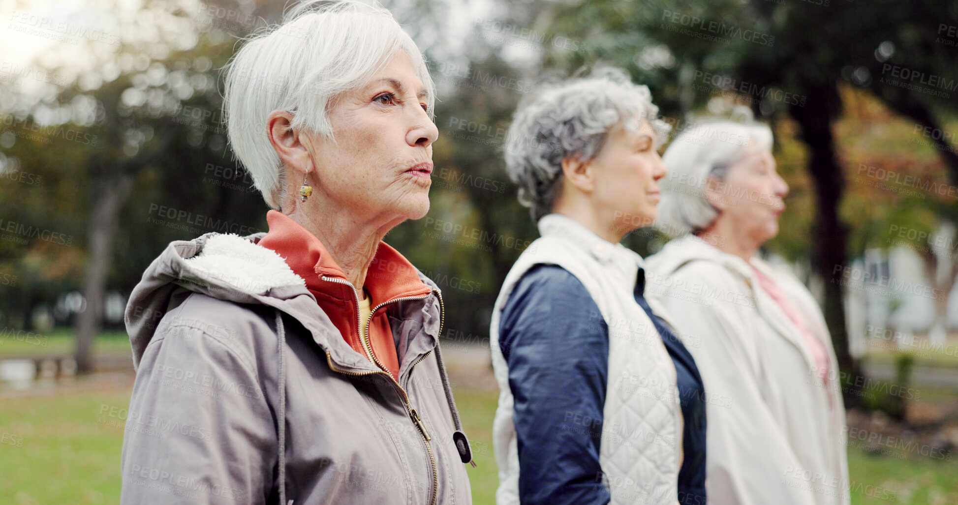 Buy stock photo Breathing, park and elderly women with peace, yoga and fitness for wellness, calm and pilates training. Female people, senior club and group outdoor, meditation and workout with health and fresh air