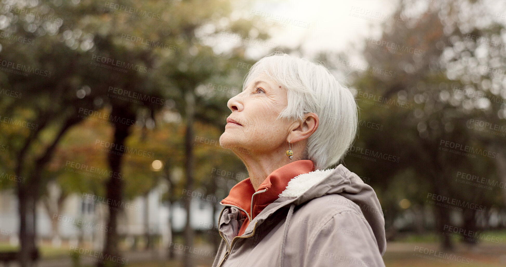 Buy stock photo Freedom, nature and elderly woman breathing on vacation, holiday journey and winter travel. Park, fresh air and senior person outdoor for peace, calm and celebration for health, wellness and relax.