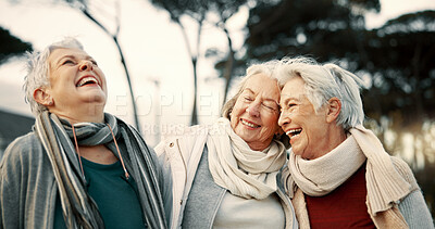 Comedy, laughing and senior woman friends outdoor in a park together for bonding during retirement. Portrait, smile and funny with a happy group of elderly people bonding in a garden for humor or fun