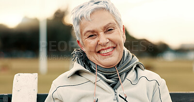 Face, senior woman and funny on park bench on vacation, holiday or travel in winter. Portrait, happy and elderly person in nature, outdoor or garden for laughing, freedom and retirement in Australia