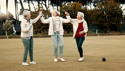 Senior women, celebration and park for sport, lawn bowling and happy for fitness, goal or applause in nature. Teamwork, elderly lady friends and metal ball for games, contest or win together on grass