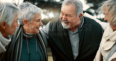 Friends, senior people and outdoor talking with support in the park, garden or conversation in nature with elderly man and women. Happy, together and group in retirement with quality time or speaking