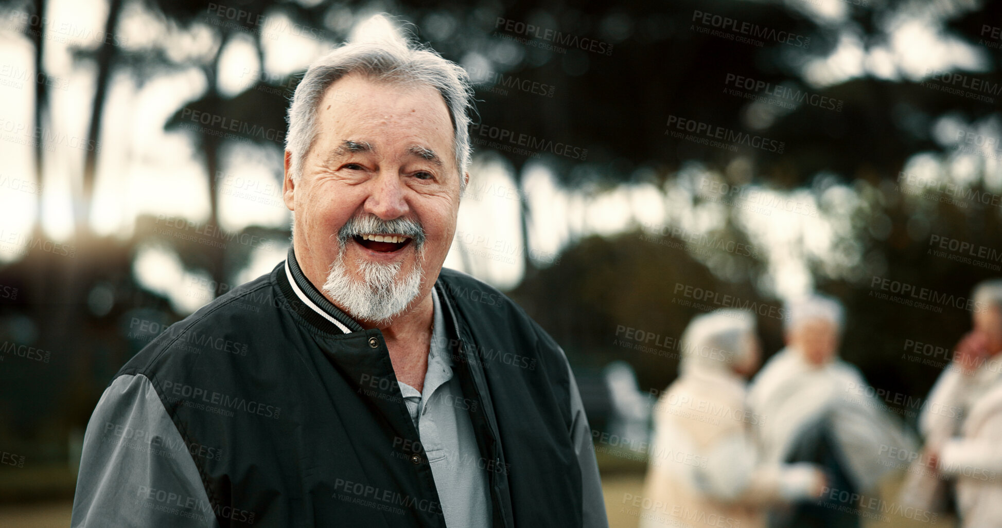 Buy stock photo Happy, face and a senior man in nature for retirement games, fun and relax with friends. Laughing, summer and portrait of an elderly person with a smile in a garden or field for outdoor energy