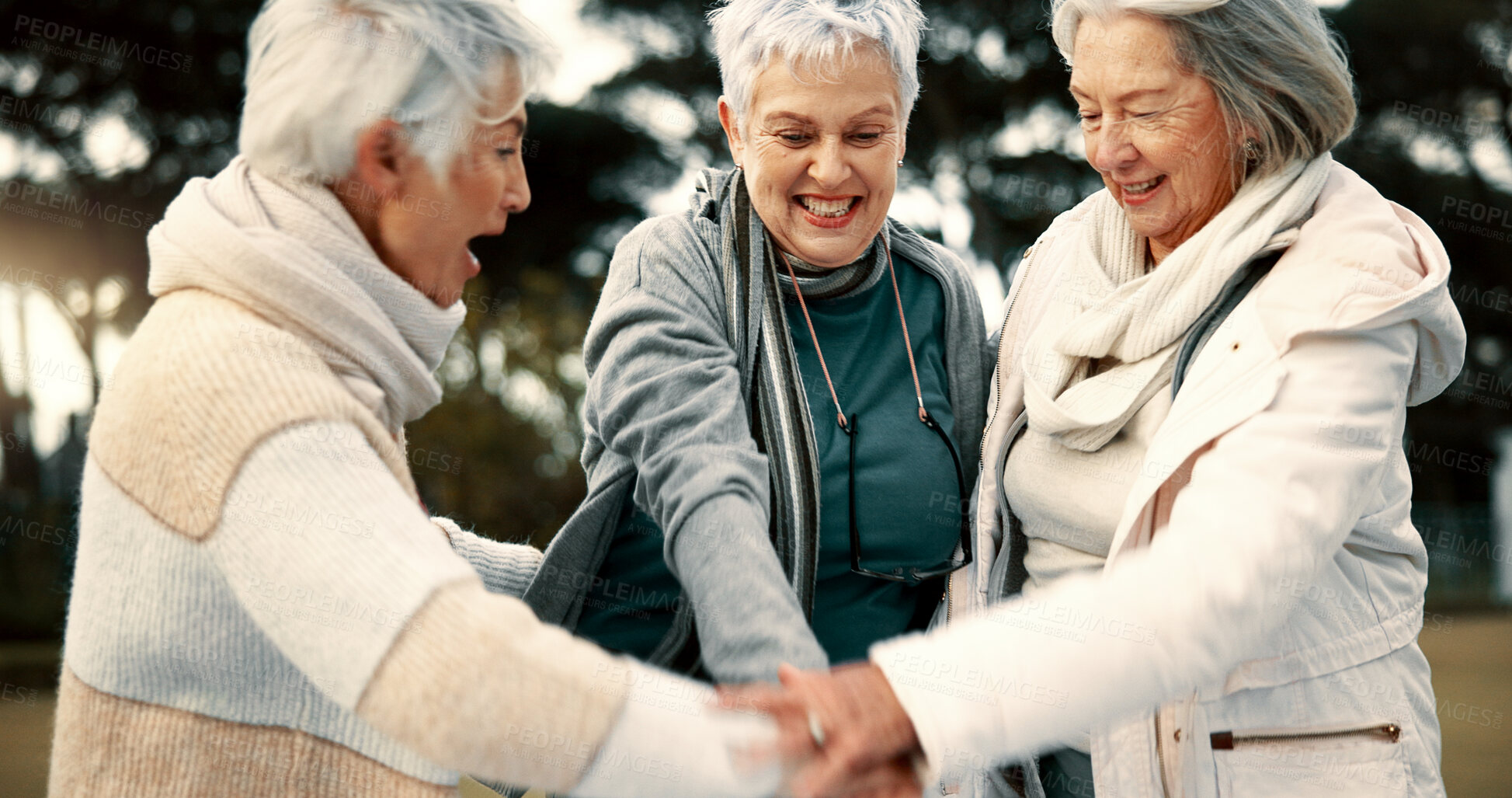 Buy stock photo Fitness, park or senior women in huddle, training or exercise for wellness, solidarity or teamwork outdoors. Happy ladies, group success or elderly friends raising arms for workout support together