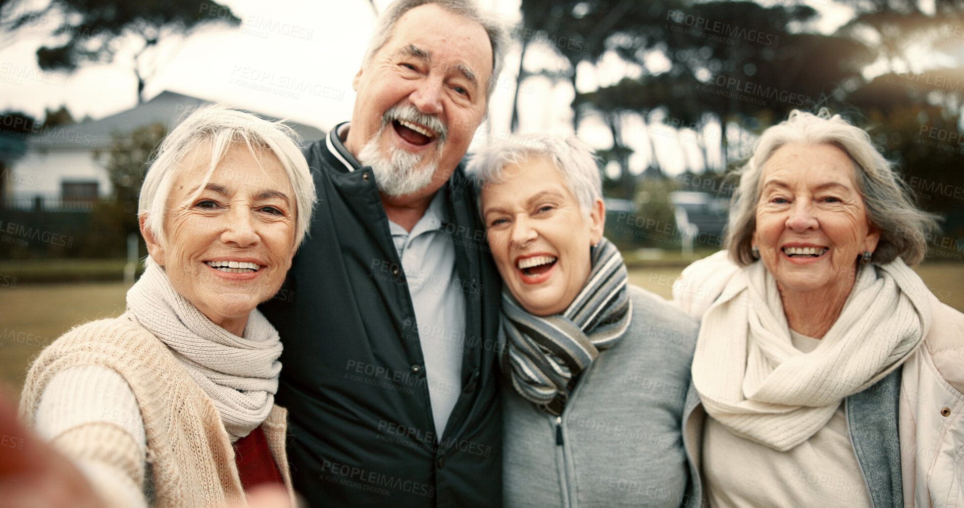 Buy stock photo Senior friends, group selfie and park with smile, face and excited together with hug, care and outdoor. Elderly man, women and happy for memory, photography or profile picture with portrait in nature