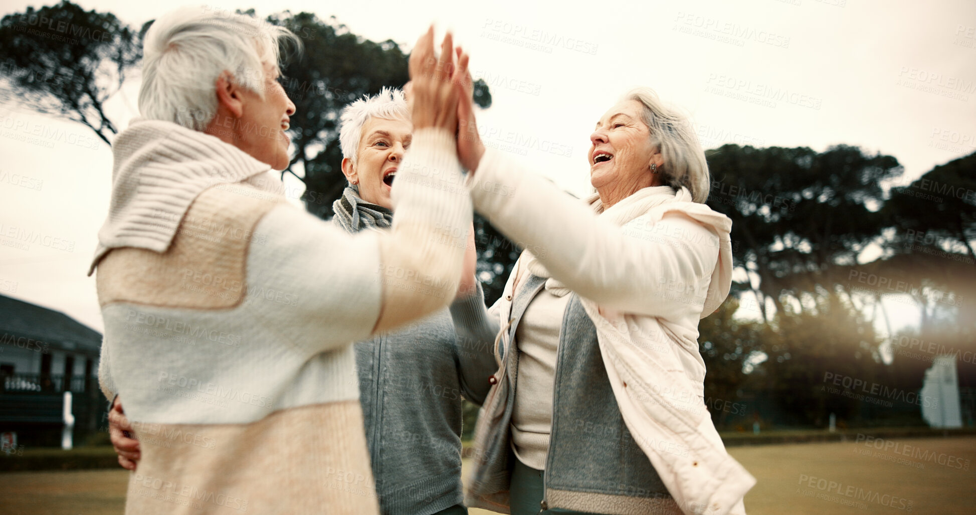 Buy stock photo Lawn bowling, senior women and high five with sport motivation and celebration outdoor. Winner, elderly friends and female group with exercise, fitness and workout in a garden for wellness and health