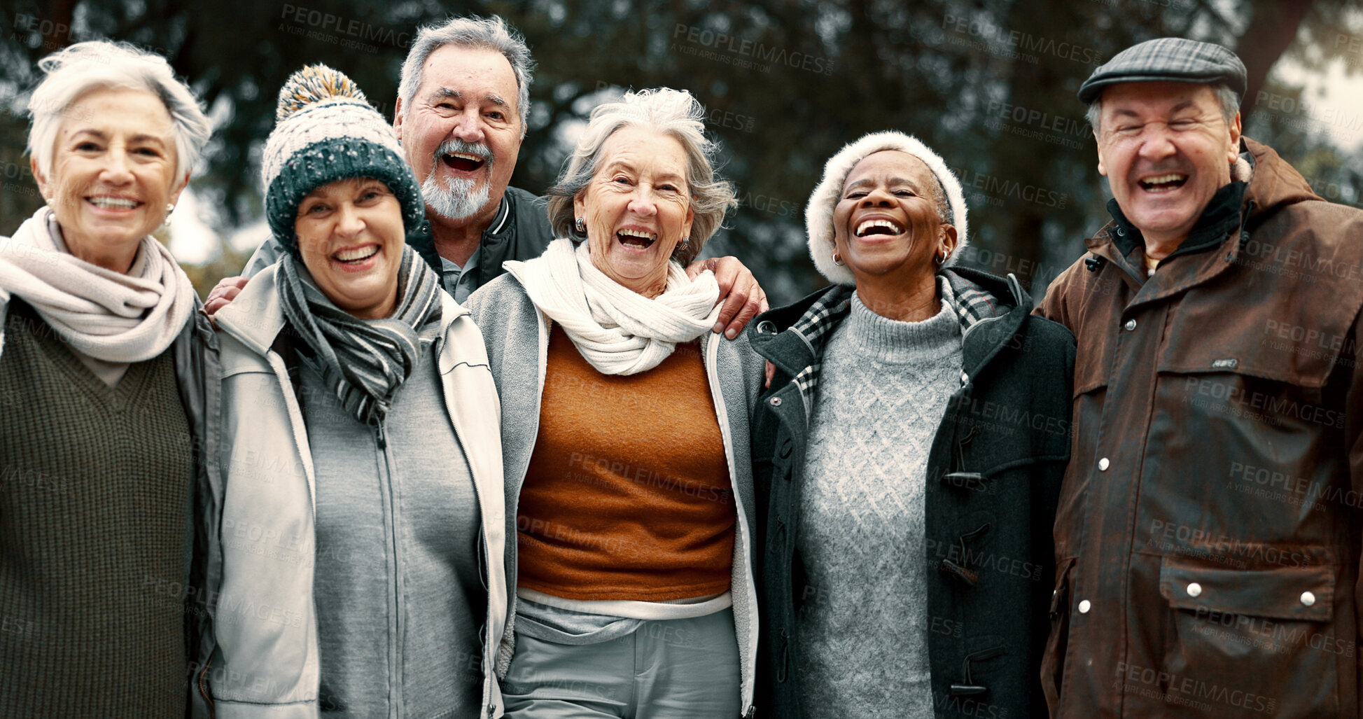 Buy stock photo Happy, portrait and senior friends in a park while walking outdoor for fresh air together. Diversity, smile and group of elderly people in retirement taking picture and bonding in a forest in winter.